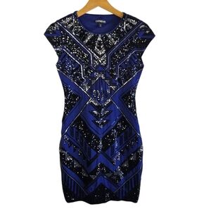 express blue sequin dress Express Women Navy Blue Aztec Sequin Bodycon Dress Size L